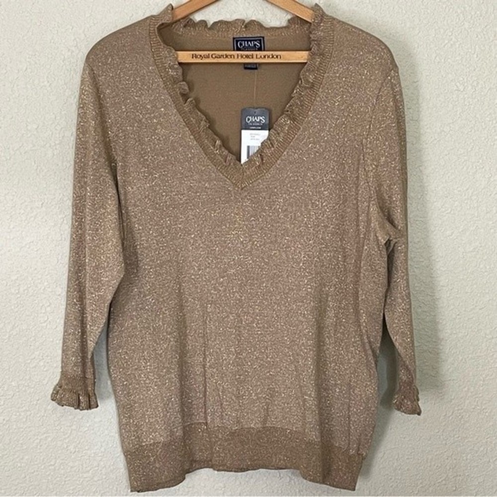 CHAPS antique gold sweater. Ruffled sleeve and V neck line. Women’s size 1X